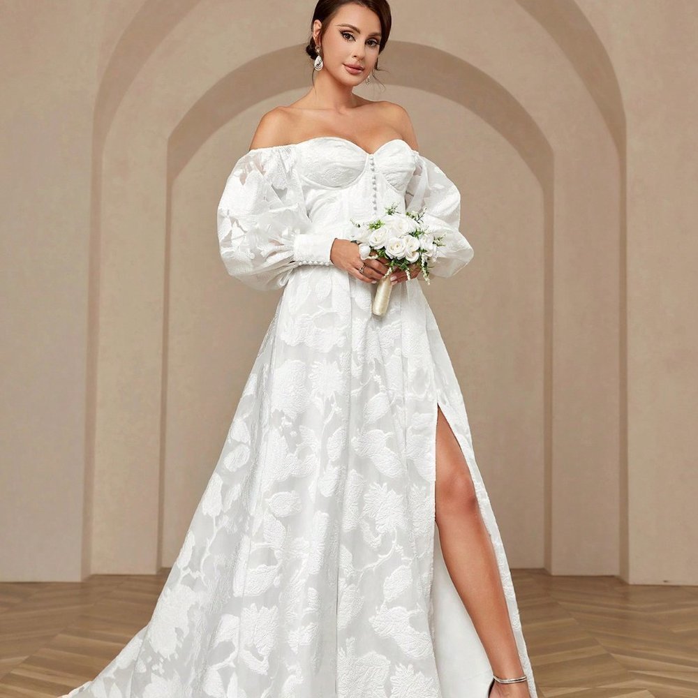 White Wedding Fishbone Single Shoulder Split Breasted Long Lantern Sleeve Dress - Picture 3 of 5